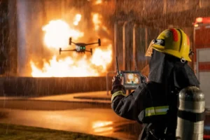 Bombero operando dron Matrice 30T frente a un incendio para inspección de seguridad; drones DJI empresariales de alta calidad para entornos extremos y respuesta profesional